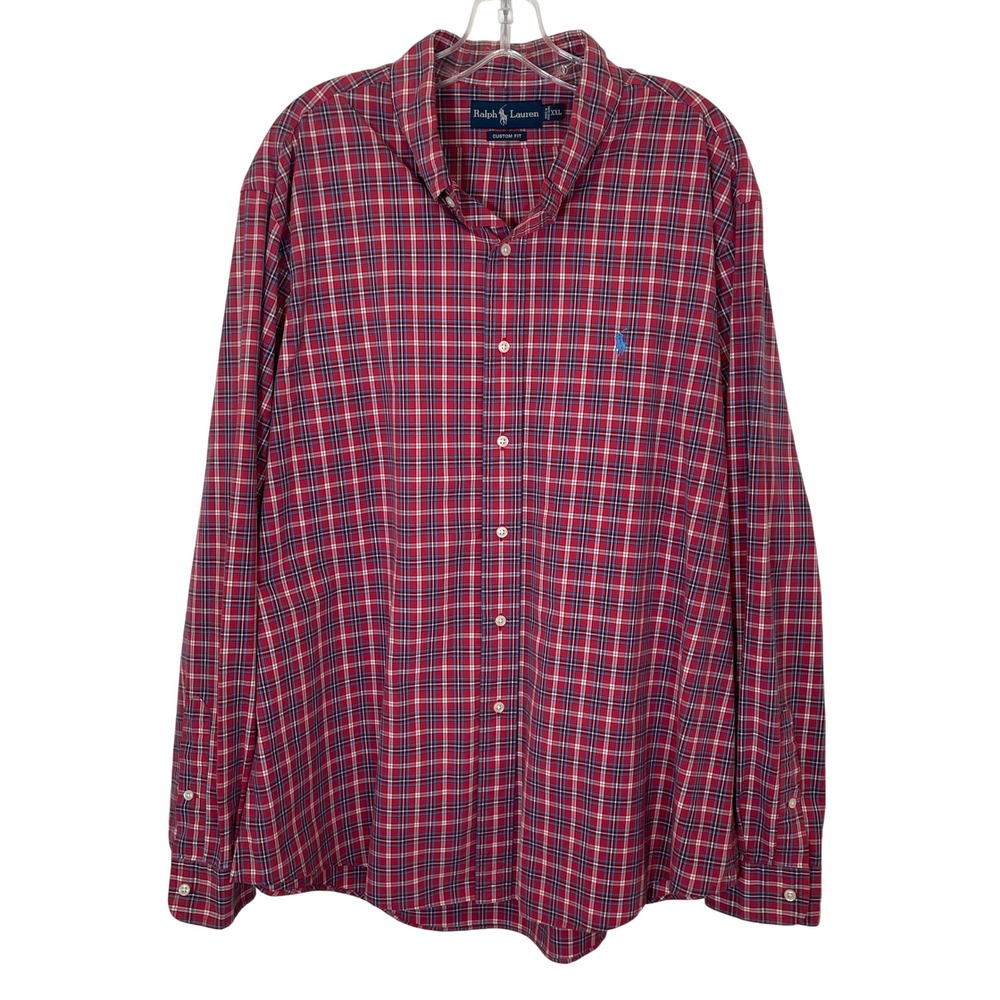 Vintage Ralph Lauren Mens Plaid Button Down Shirt 80's Red Blue White Cotton XXL